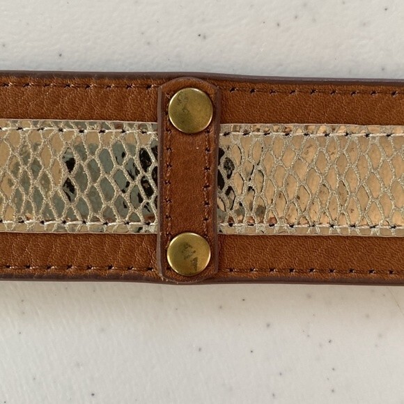 Chico\'s Shiny Gold Faux Snakeskin Brown Leather Belt Antique Brass Hook Buckle main image 4